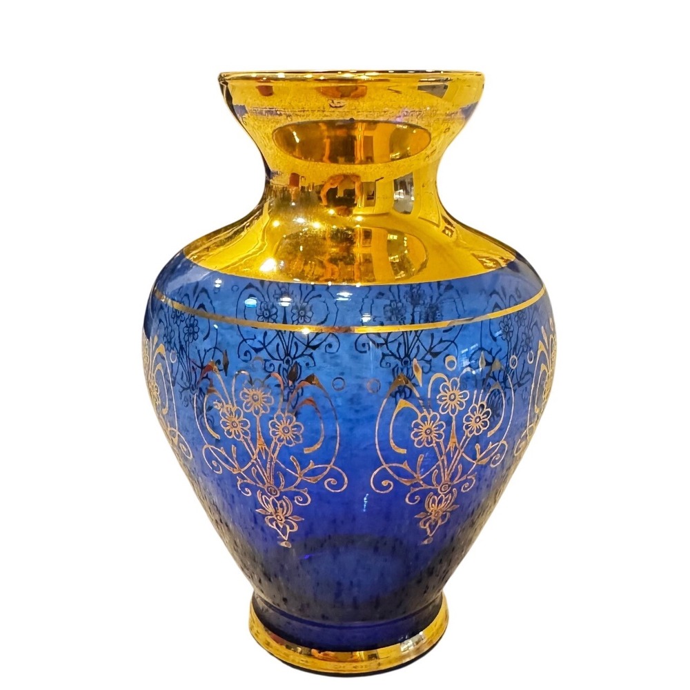Vintage Cobalt Blue Glass Vase with Gold Encrusted Floral Filigree‎ 5.25in